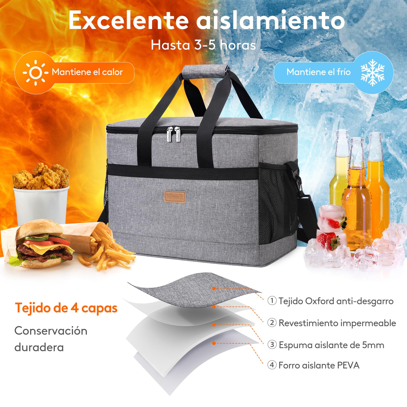 Lifewit Nevera Portatil 30L, Bolso Neveras Isotermica para Hombre, Grande Bolsas Termica Porta Alimentos, Cooler Bag Tela Plegable para Playa, Camping, Viaje, Trabajo, Picnic, Gris