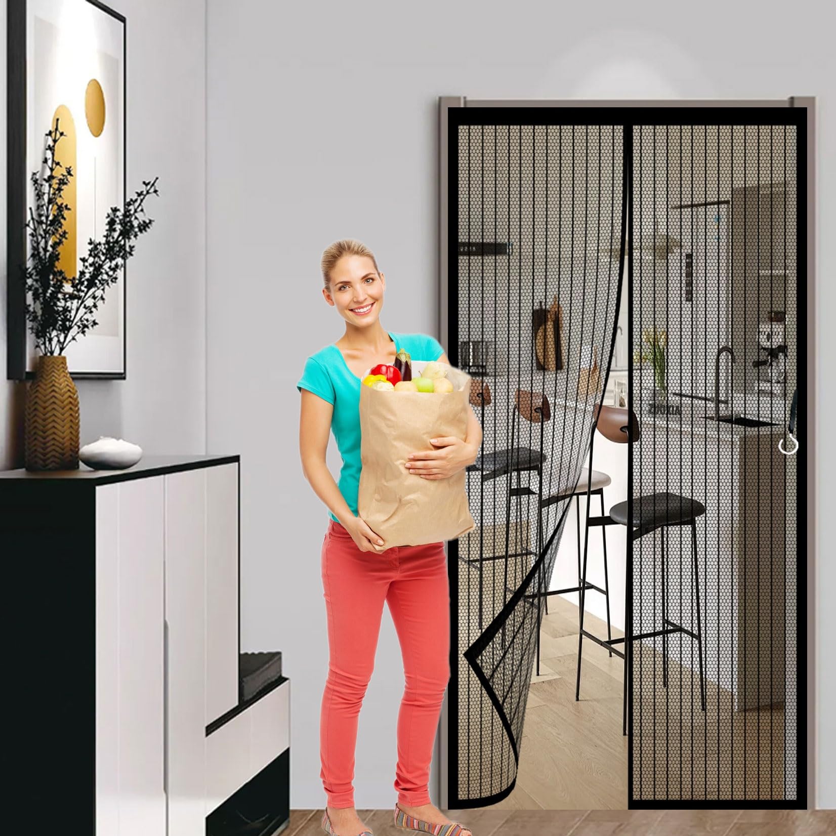 Fliegengitter Tür 164 x 178 cm Katzenkrallen Sicher, Stärkere Magneten Fliegenvorhang Terrassentür Magnete Türe mit Selbstklebendes Klettband für Kellertür Balkontür, Schwarz