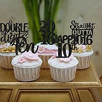 Vista 5 de 30 piezas de decoraciones para pastel de cumpleaños número 10, decoraciones de cupcakes negras con brillo, 10 feliz cumple, directo desde 2016, 10