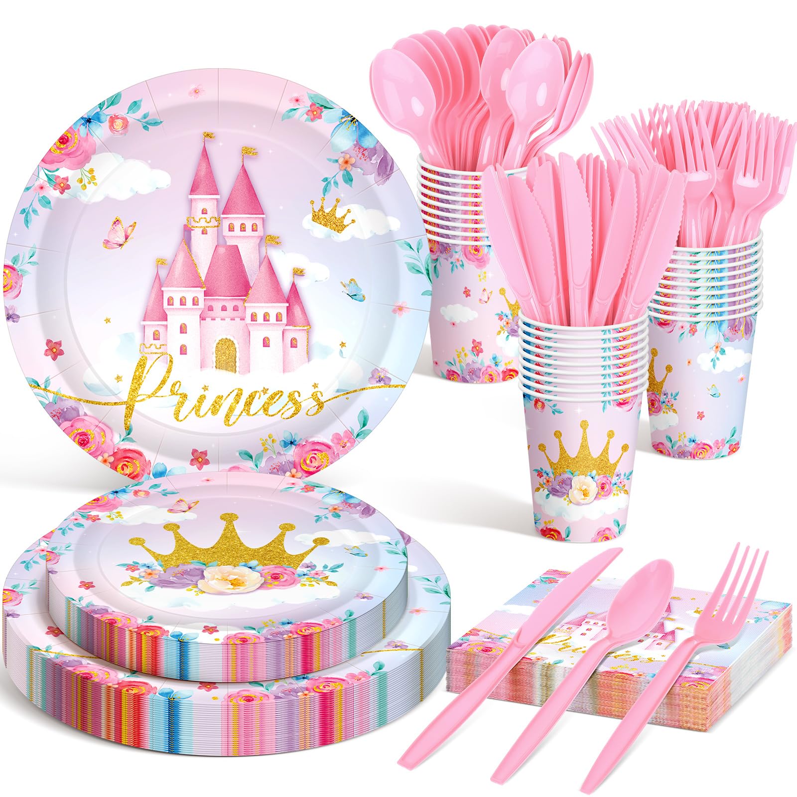 Meanplan 168 Pcs Princess Party Decorations Princess Plates and Napkins Castle Disposable Tableware Set for Girls Baby Shower Princessed Castle