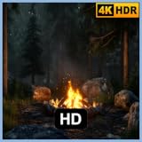 雨の中の心地よいキャンプ用暖炉 - 秋の森とキャンプファイヤーの音