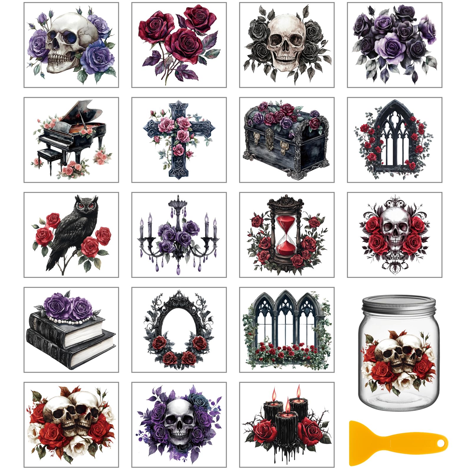 GLOBLELAND 18 Sheets Gothic Roses Transfer Stickers 3.9x3.6inch Gothic Skeleton Rub on Transfer Stickers Colorful Decal for Furniture Vase Glass Mason Jar Decorations Art Crafts โ image 1
