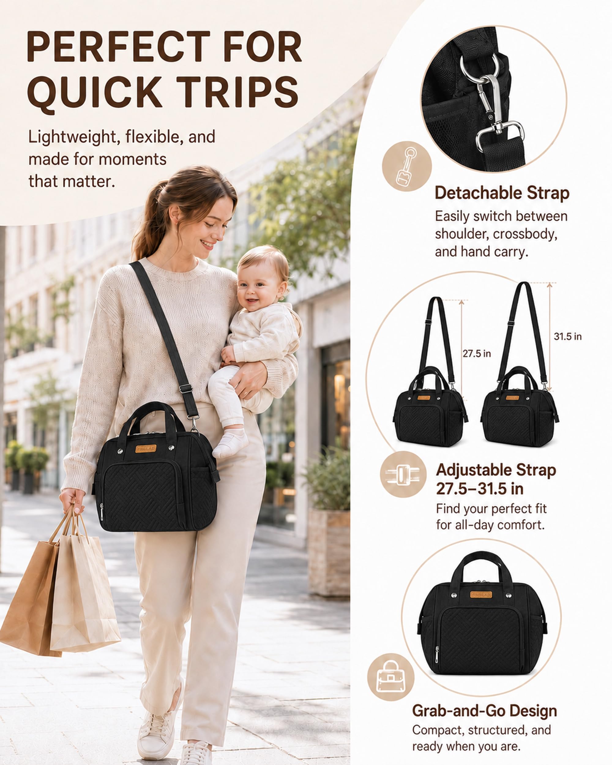 FHELAD Pequeña bolsa de pañales para mujer, mini bolsa de bebé 4 en 1 (negro)