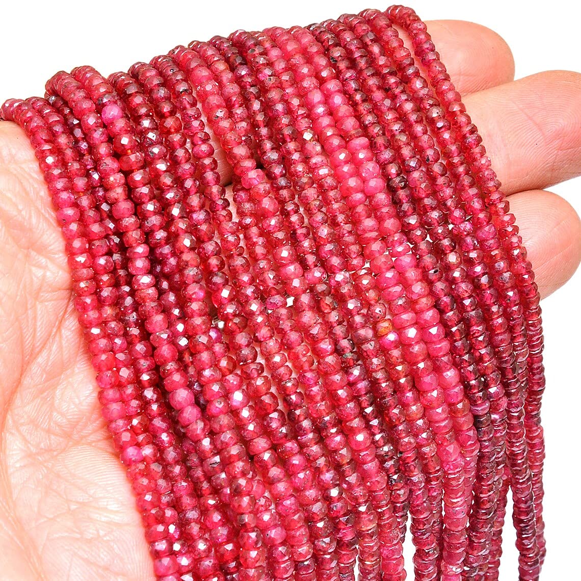 AAA+ rubin kamień szlachetny 3 mm - 4 mm fasetowane koraliki rondelle | naturalny czerwony rubin szlachetny kamień szlachetny fasetowane luźne koraliki do produkcji biżuterii | sznurek 45 cm