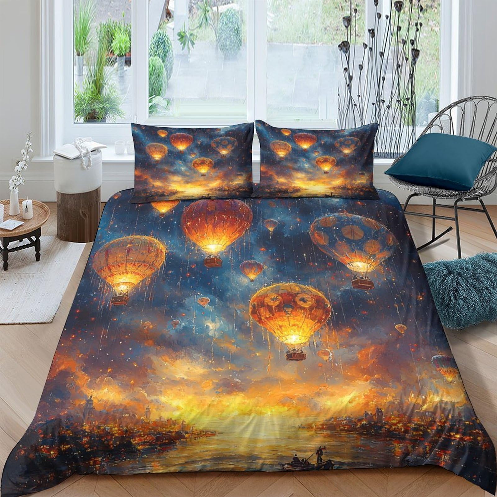 Ctjqhvkz Style-6 3D Printed Hot Air Balloon Sky Fitted Sheet Microfiber Soft Mattress Cover Sunset Art Bedding For Bedroom Guest Room Decor Single（135X200cm）