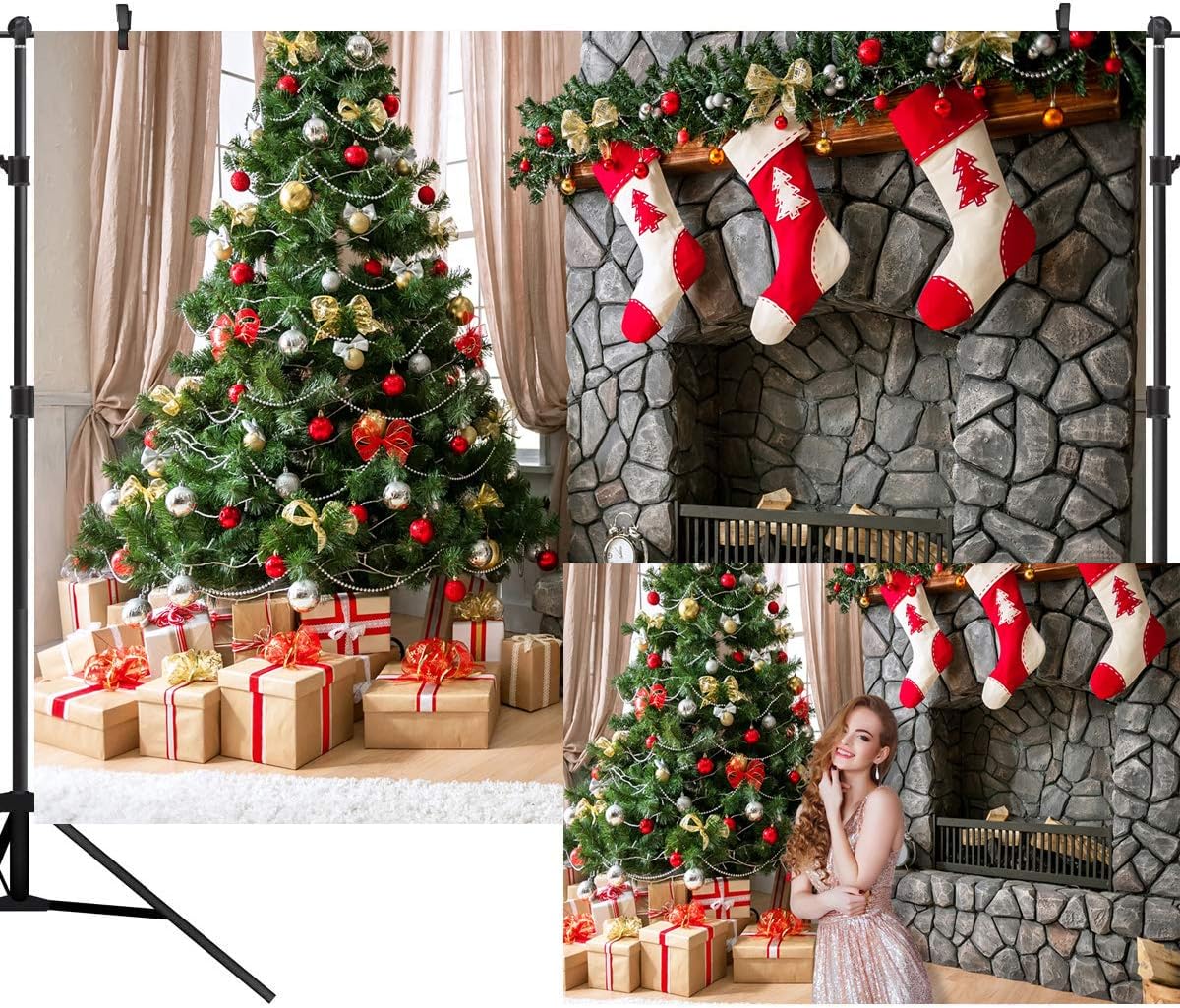 10X8FT Christmas Theme Seamless Backdrop Fireplace Xmas Tree Customized Photography Background Studio Prop WXL41E