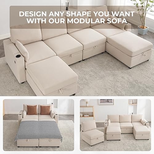 Miniatura 6 de OHAHO Sofá modular convertible con almacenamiento, moderno sofá en forma de L para sala de estar con puerto USB y portavasos (beige, 4 plazas + 2