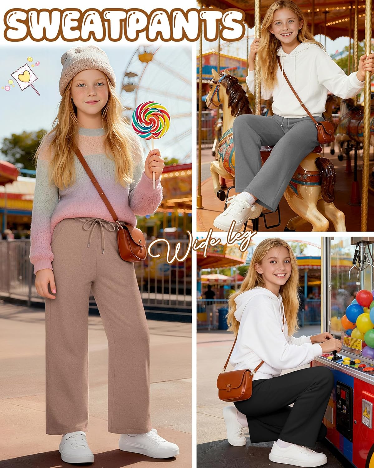 3 Pack Girls' Sweatpants Fleece Lined Wide Leg Drawstring Casual Kids Open Bottom Pants with Pockets Teen Girl
