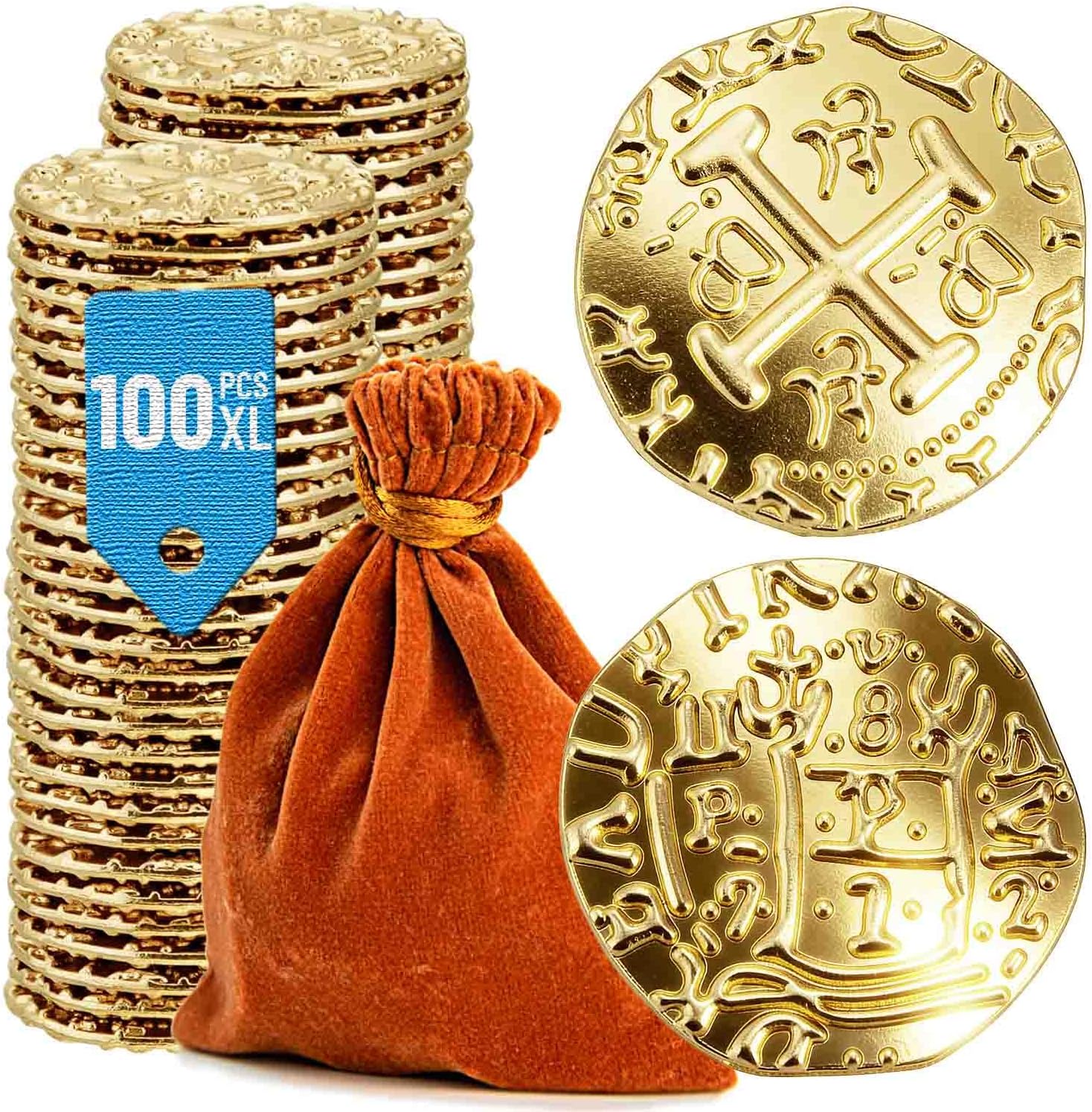 Metal Pirate Coins, Prefdo 100PCS X Large Gold Treasure Coin Set Spanish Doubloon Replicas Fantasy Metal Coins Pirate Gold Coins Tokens for Board Games Pirate Party Cosplay