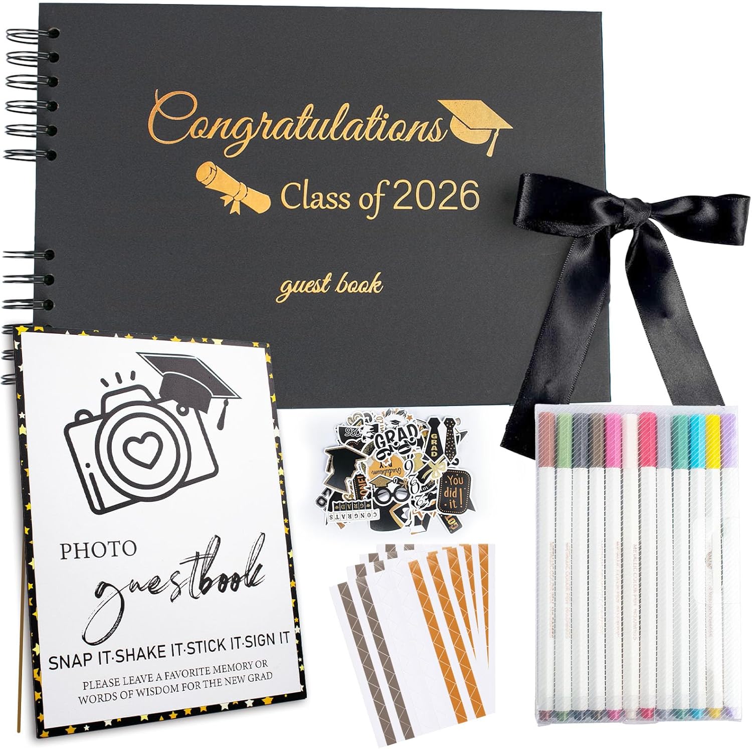 2026 Graduation Guest Book with Photo Sign Decor, Class of 2026 Scrapbook Photo Album with 12 DIY Dual Markers Pens for Grad Party Decorations Favors Gifts