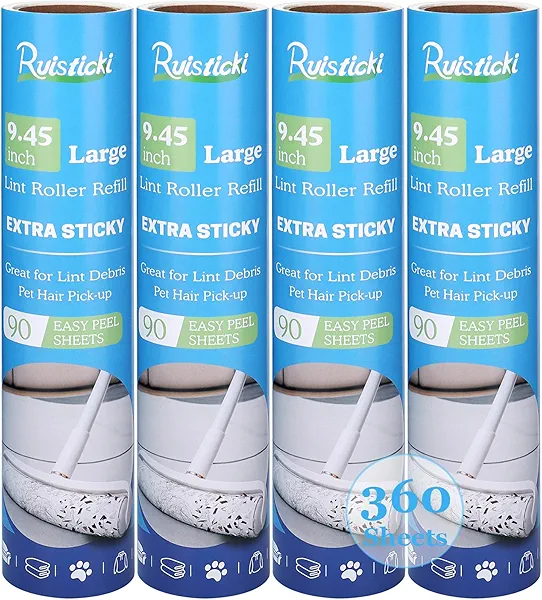9.45 inch Lint Roller Refills for 9.4'' - 9.5'' Large Lint Rollers Extra Sticky Roller Refills Replacment for PetLovers Delomo and More Floor Rollers 90 Sheets per Refill, 4 Pack, 360 Sheets Total