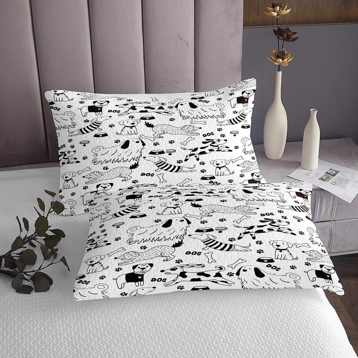 Manfei Animal Paws Bedspread King,Lovely Black and White Doggy Quilted Coverlet 3pcs for Adults Teens Room Decor,Cartoon Dog Soft Breathable Bedding Quilt