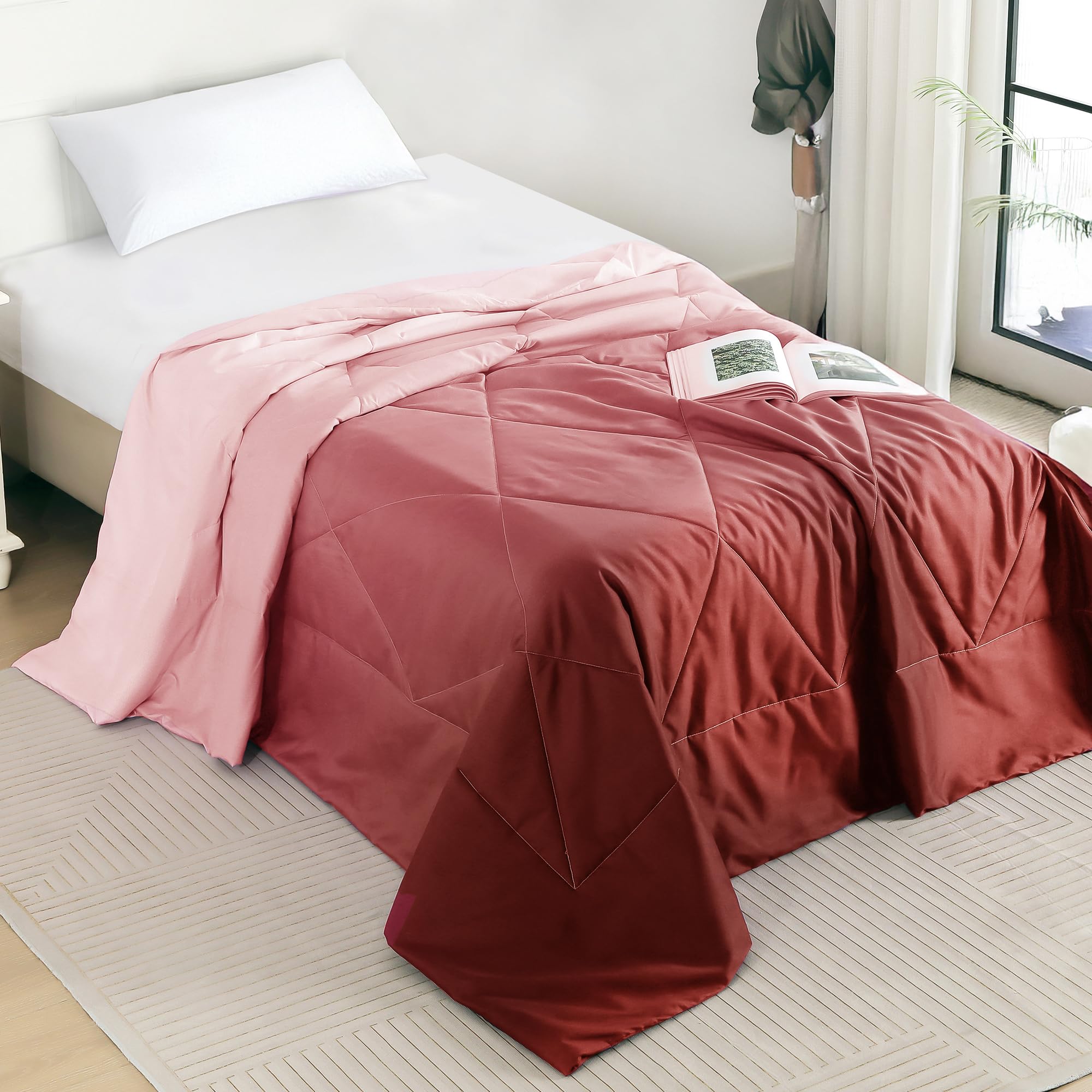 Ac Comforter Single Bed Ombre with Satin Finish 240 GSM - Reversible AC Comforter - Peach & Red Comforter Quilt Duvet Dohar Blanket for Summer 150 x 225cm-picture-27