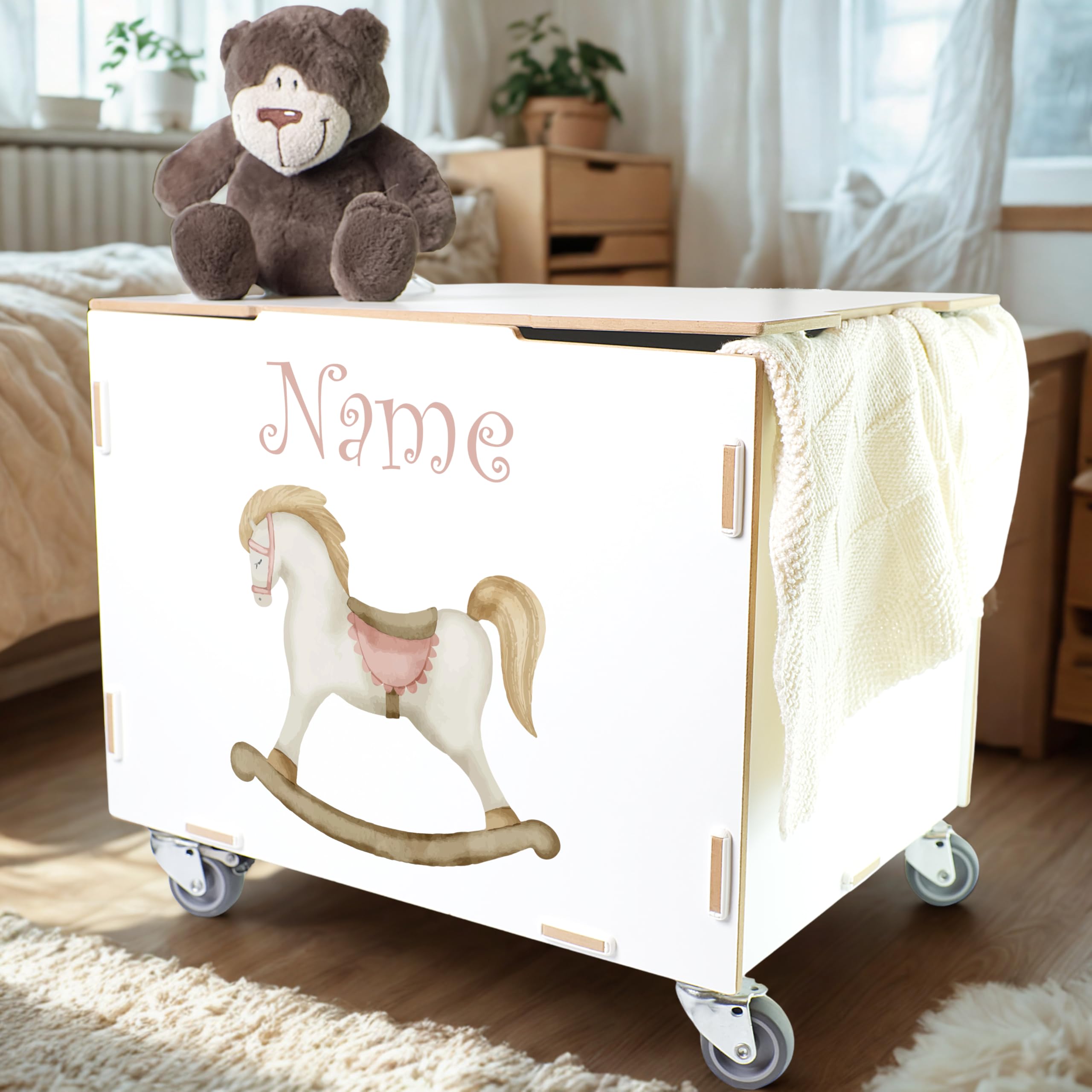 Peronalisierbare Rollbox mit Schauckelpferd Kinder-Motiv (33x45,5x34,5cm + 6cm Räder-Höhe) Kisten/Boxen personalisiert mit Text oder Namen - Kinderzimmer Rollkiste/Kiste als Spielzeugkiste