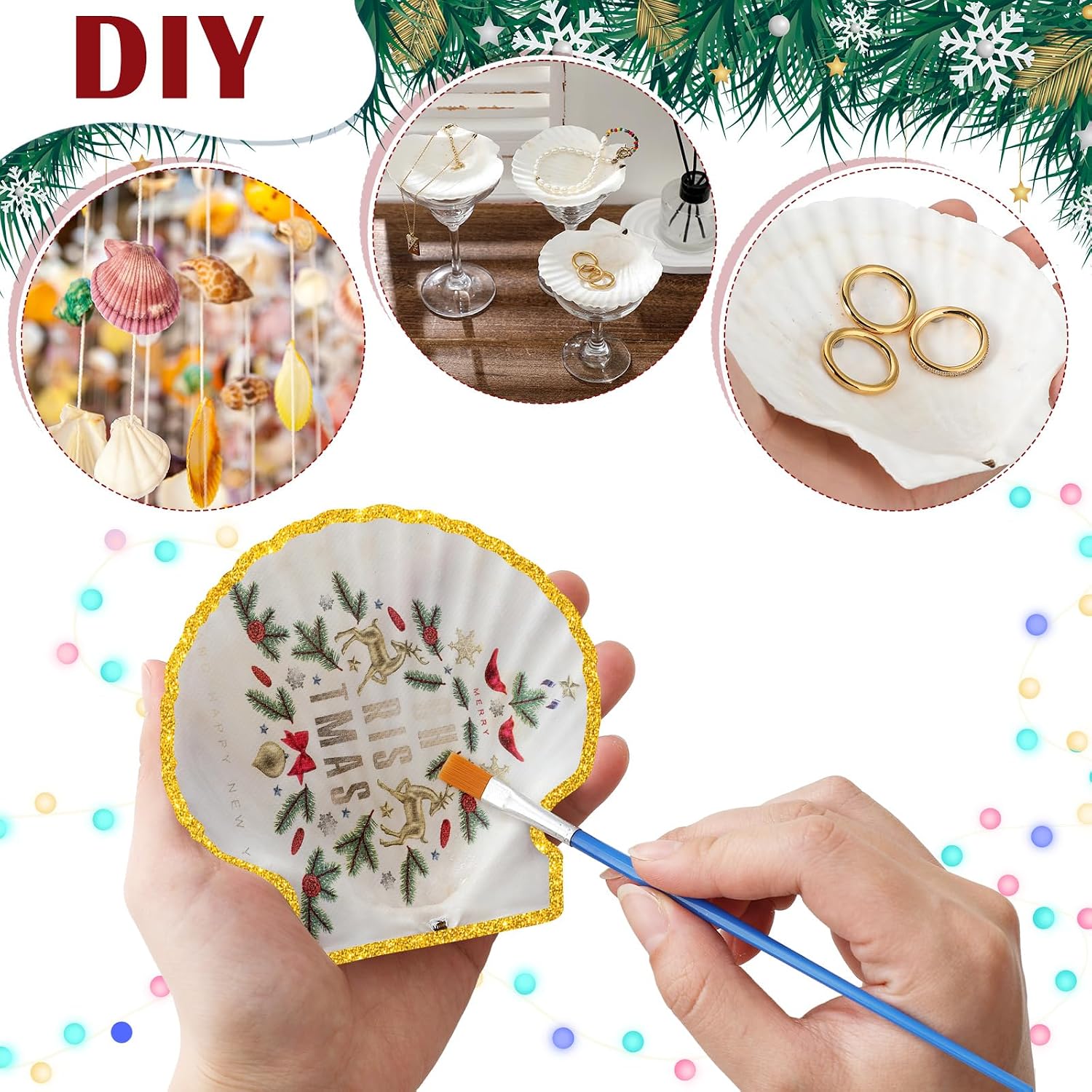 Halloscume 12 Set Christmas Scallop Shells for Crafts 4''-5'' White Natural Large Shells with 24 Pcs Xmas Decoupage Napkins, Acrylic Paint & Brushes for DIY Holiday Ornaments, Christmas Decor, Gift