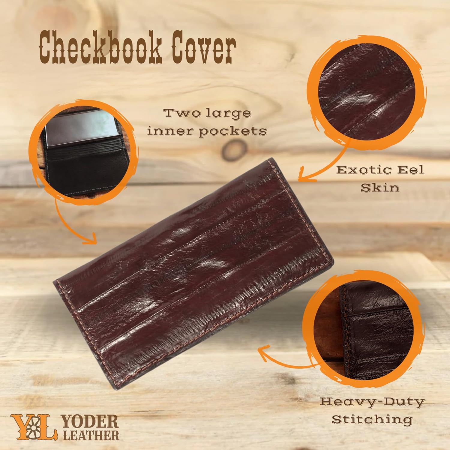 Brown Eel Skin Leather USA Made Checkbook Cover Handmade