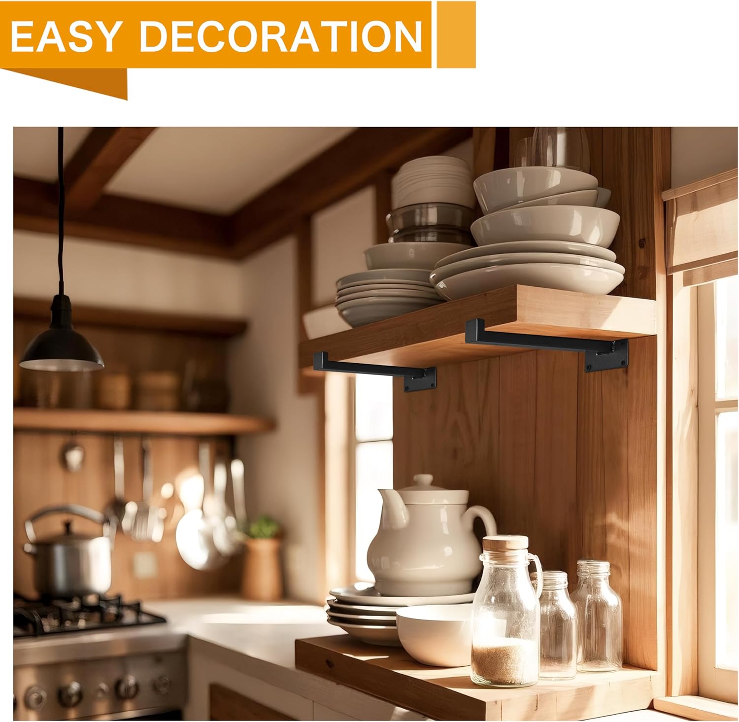 EZYDECOR 6Pcs Floating Shelves Brackets Heavy Duty Wooden Shelf Brackets 12inch Decorative Wall Shelf Brackets & Supports with Lip (Black) 12"