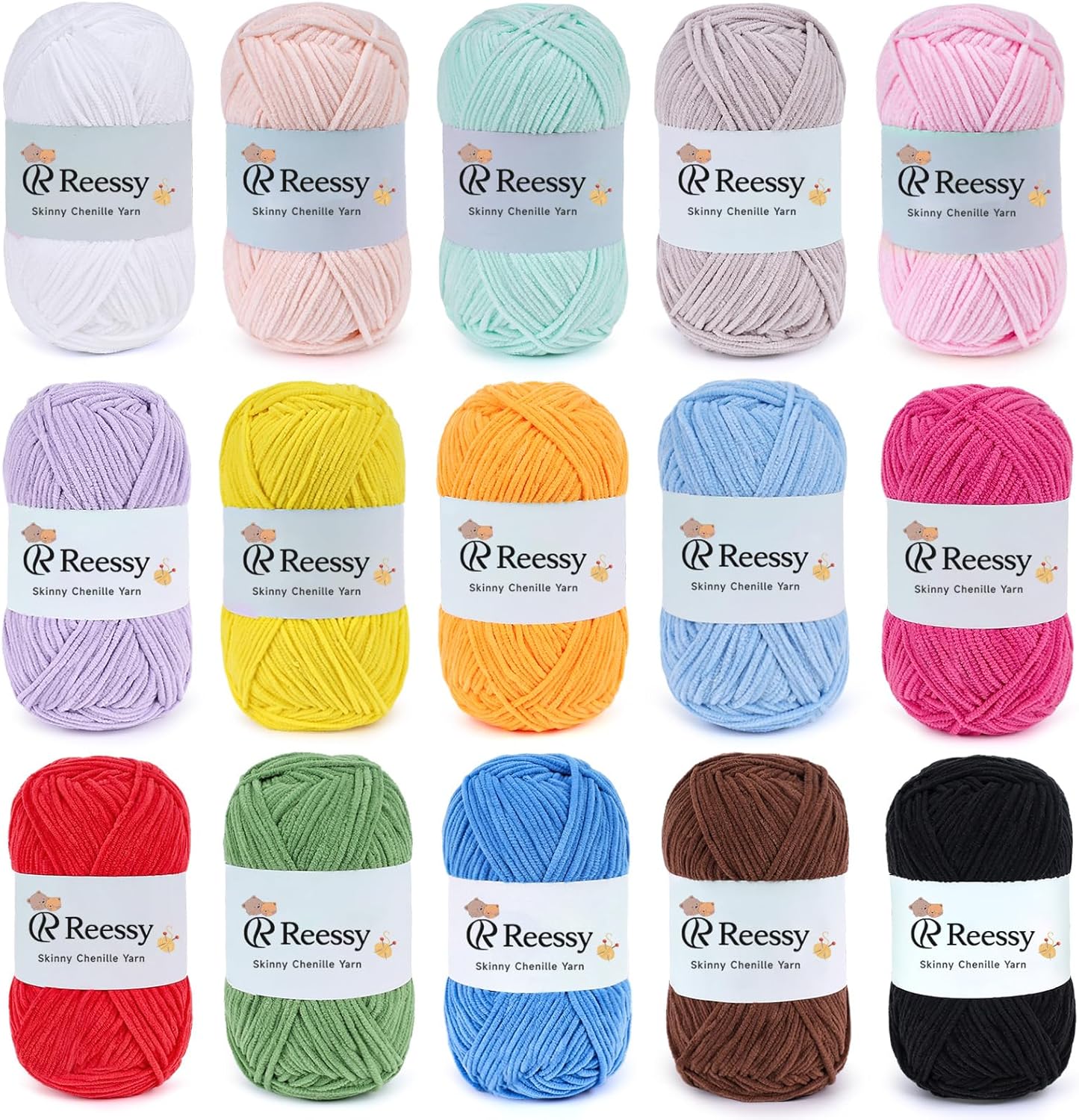 Skinny Chenille Yarn Pack – 15 Skeins Multi-Color Edition(1.76oz/50g Each, 15 Colors, Total 2,370yd) – Multi Color Skinny Chenille Yarn kit CYC#2 – Crochet Starter Kit for Toys, Baby Blanket