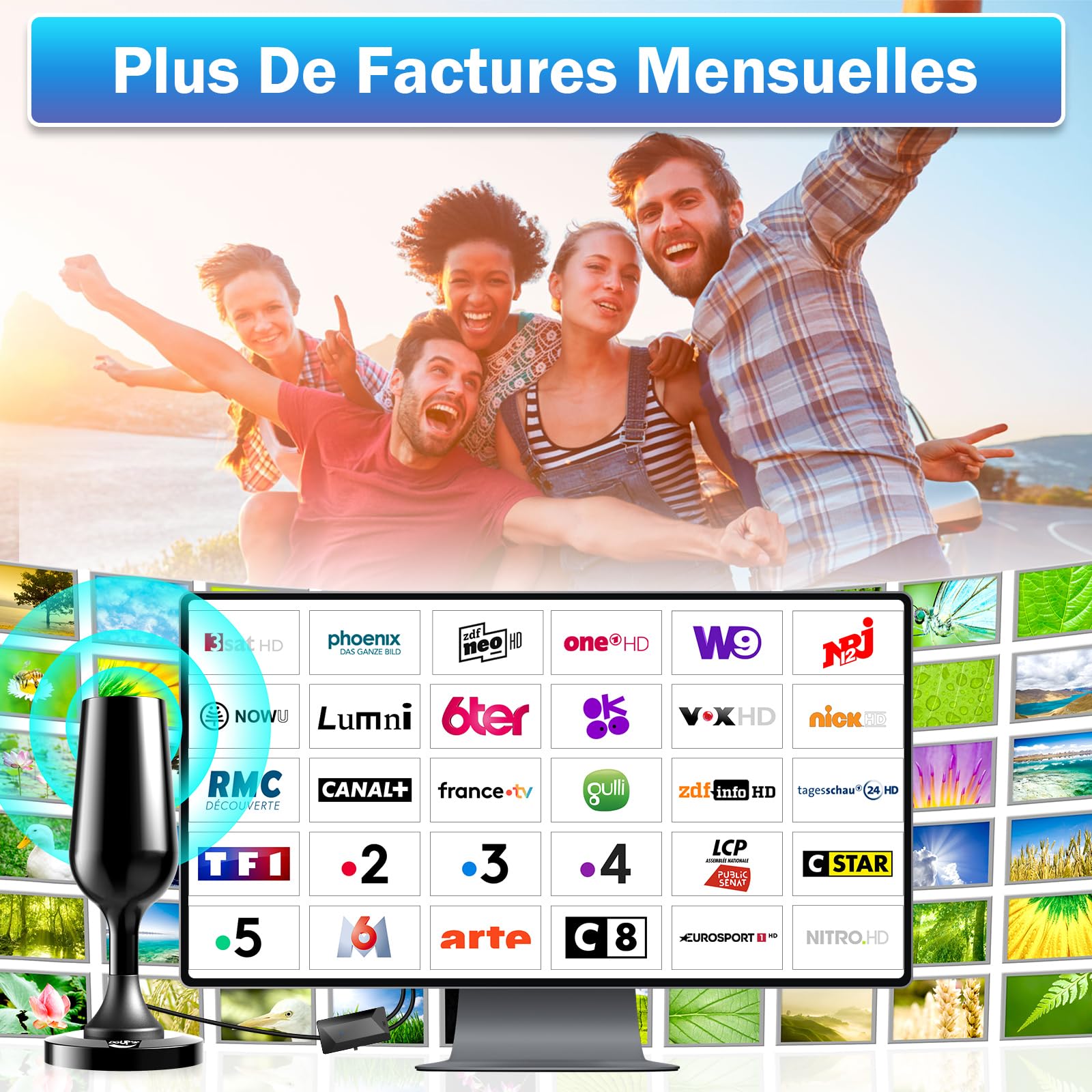 Antenna TV interna potente TNT HD, 2025 più recente Antenna TV interna con amplificatore di segnale ad alto guadagno, ricezione a lungo raggio a 360° con solida base magnetica per,Antenne TNT