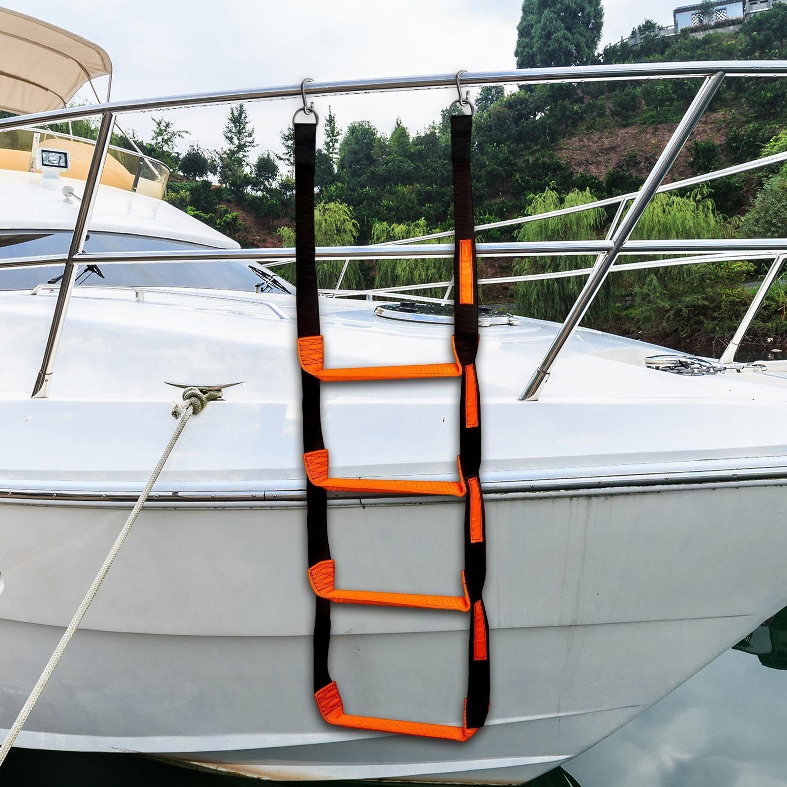 Échelle marine à 4 marches avec sac de rangement et marches renforcées de 272 kg PP 140 x 84 x 5 cm Échelle de corde de bateau pliable Échelle de corde pour bateaux, pour yachts, bateaux à