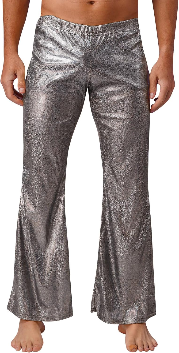 FEESHOW Men Shiny Metallic 60s 70s Disco Bell Bottom Pants Vintage Flared Pants Long Trousers