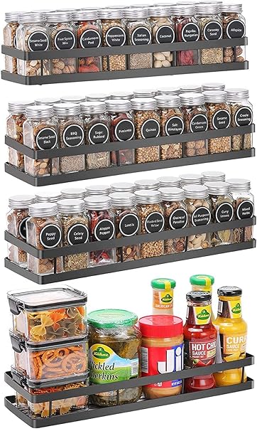 MFS Craft World Wall Mounted Spice Rack Organizer Pack of 3,Hanging Spice Seasoning Rack Shelf Holder with Free 5 Hooks for Kitchen Cabinet Pantry Door, Iron, Black,White, Hanging Shelves