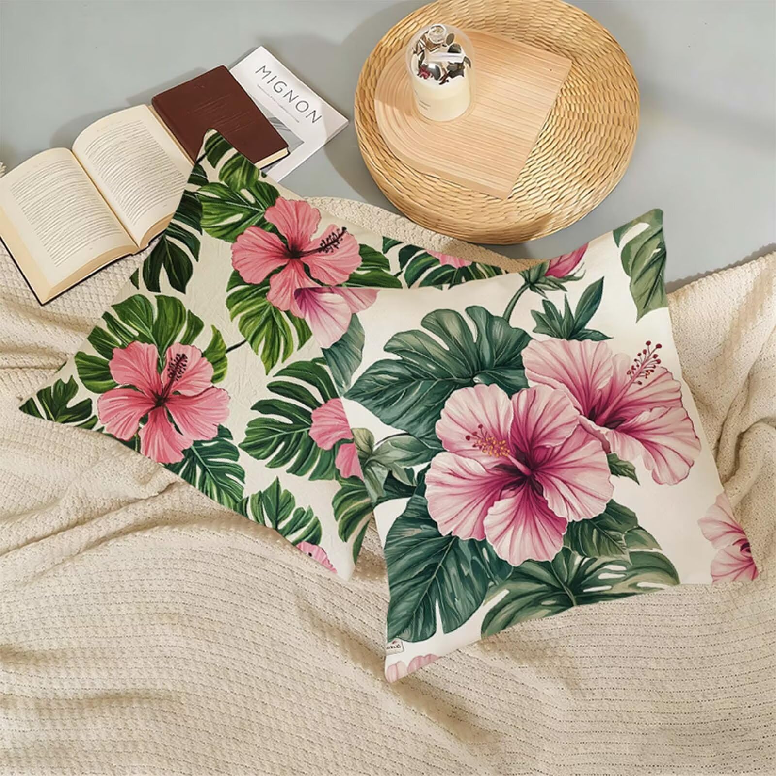 Juego de 2 Funda Cojin 80x80CM Planta, Cuadrada Impermeable Fundas Cojines Flor Lino Impresión a Doble Cara con Cremallera Oculta, Apto para Todas las Estaciones Funda Almohada para Sofá o Salón X-347