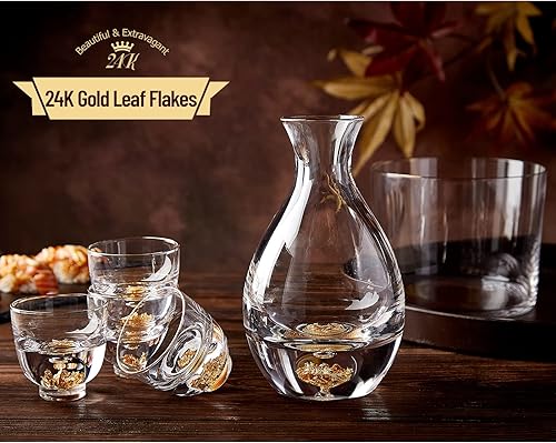 Miniatura 8 de DUJUST Juego de sake japonés para 4, patrón de martillo de vidrio en borde dorado, 1 botella de sake transparente de cirstal, 1 tanque de sake y 4