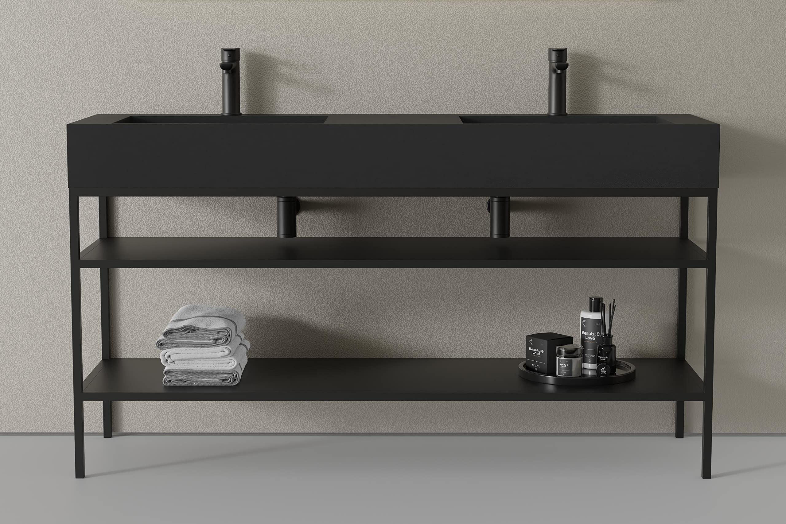 BERNSTEIN - Double Vasque Lavabo Rectangulaire à poser/suspendre Quartz Noir 153x45x15cm fonte minérale Lave main mural + Console métallique sur pieds - Design, Robuste & Durable - TWG16