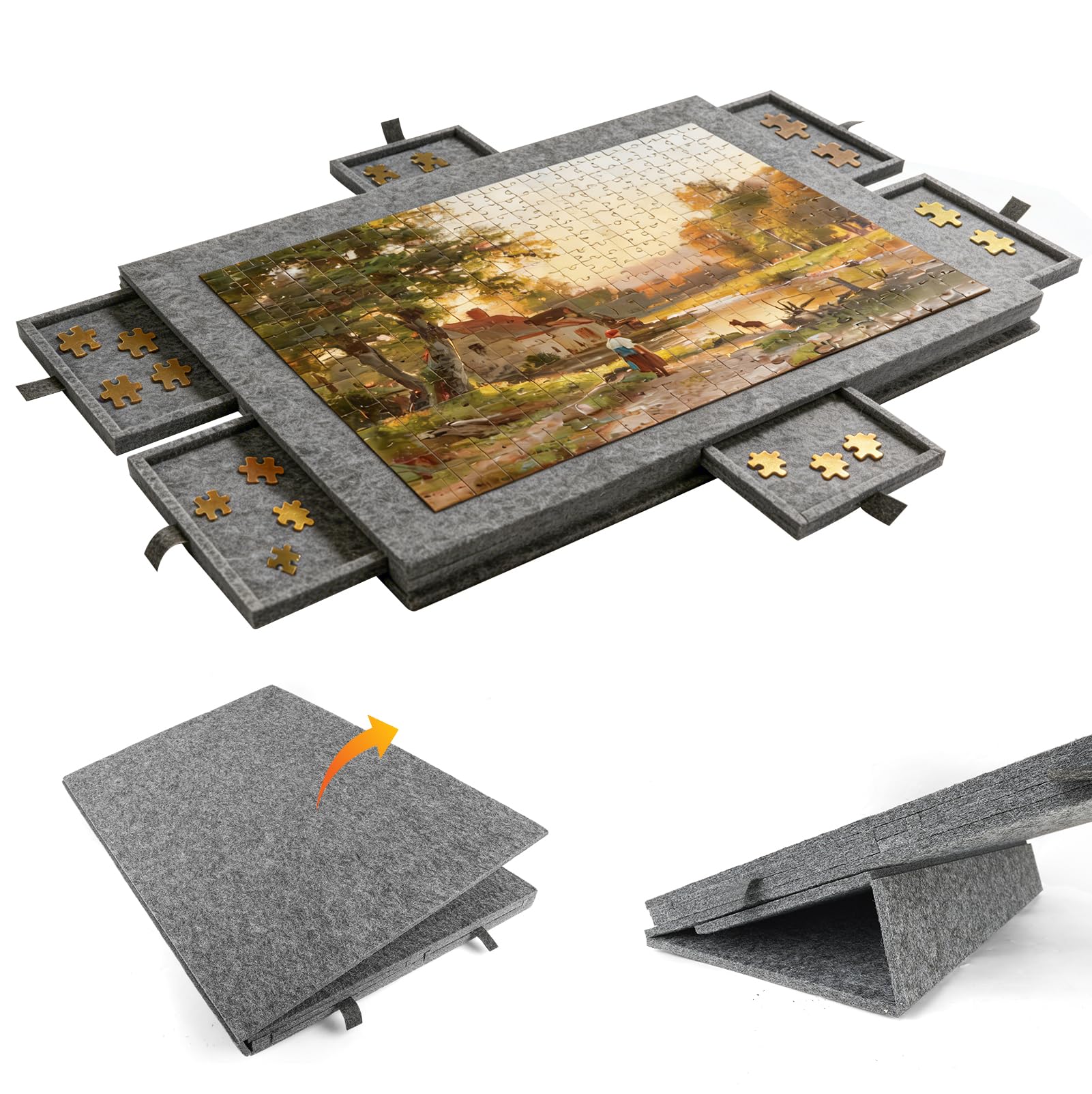 Tilting Jigsaw Puzzle Board, Portable Jigsaw Mat Board for 1000 Pieces, Puzzle Boards and Storage Mat with 6 Drawers, 2-in-1 Stand/Dust Cover, Non-Slip Felt Surface, for Lovers, Parents, Friends