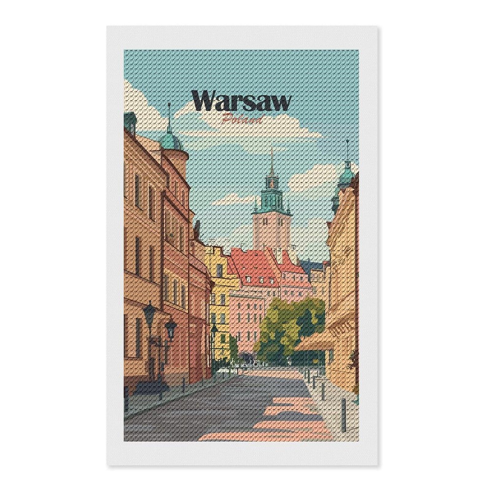 Junmoney Warsaw Street Scene Diamond Art Kit 12"x20", Holiday Gift Idea, for Women, Easy Handmade Project, Vintage Style Decor, Printed Canvas