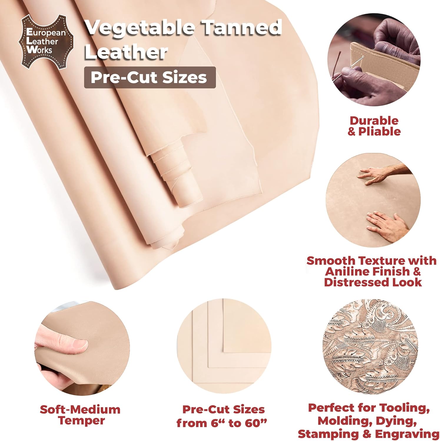 ELW Full Grain Cowhide Leather 4-5 oz [1.6-2mm] Thickness in Pre-Cut Size: 10"x24", AB Grade Hide Vegetable Tanned Leather Using for Tooling, Carving, Molding, Dyeing Material for Craft, Hobby