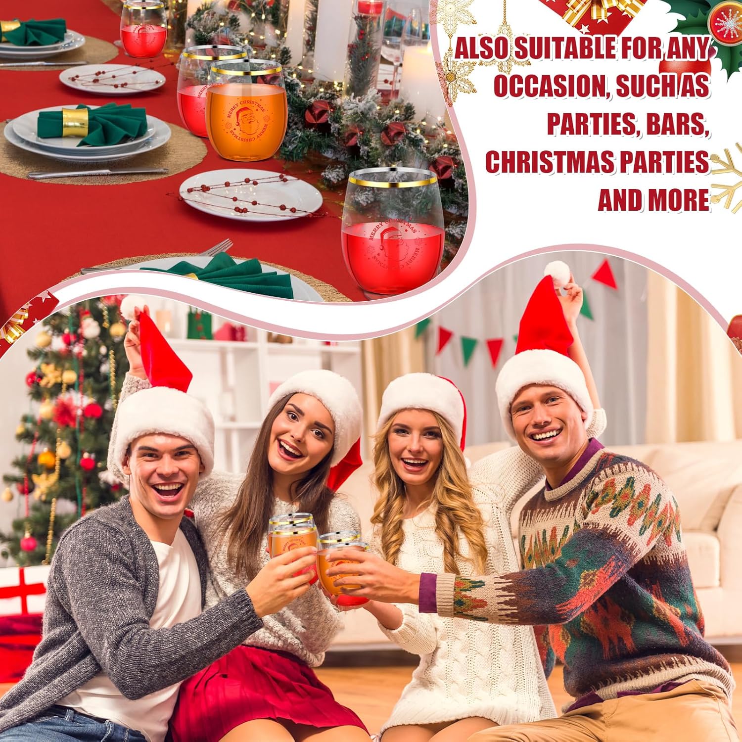 Sliner 32 Pcs Christmas Stemless Wine Glasses 12 oz Clear Plastic Wine Glasses Bulk Santa Claus Gold Rim Funny Drinking Set for Women Man Family Friends Christmas