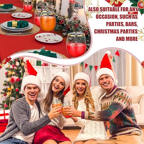 Miniatura 4 de Sliner 32 copas de vino sin tallo de Navidad de 12 onzas, copas de vino de plástico transparente a granel, Papá Noel, borde dorado, divertido juego