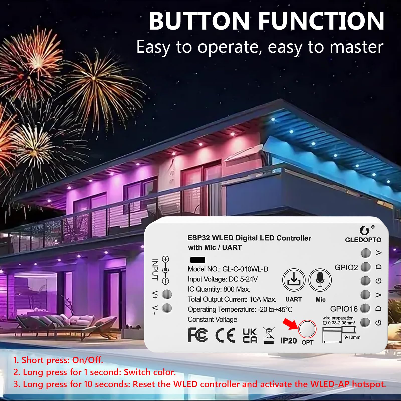 Controlador Wled ESP32, controlador WLED GL-C-010WL-D, control de luz de tira digital con función MIC, tira direccionable Esp32 con descarga de micrófono WS2811 2812B 2813 2815 GS8208 SM16703PSK6812
