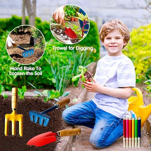 Miniatura 5 de IELEK El juego de herramientas de jardín para niños incluye rastrillo, pala, pala, pala, guantes de delantal, regadera y bolsa de mano, sombrero