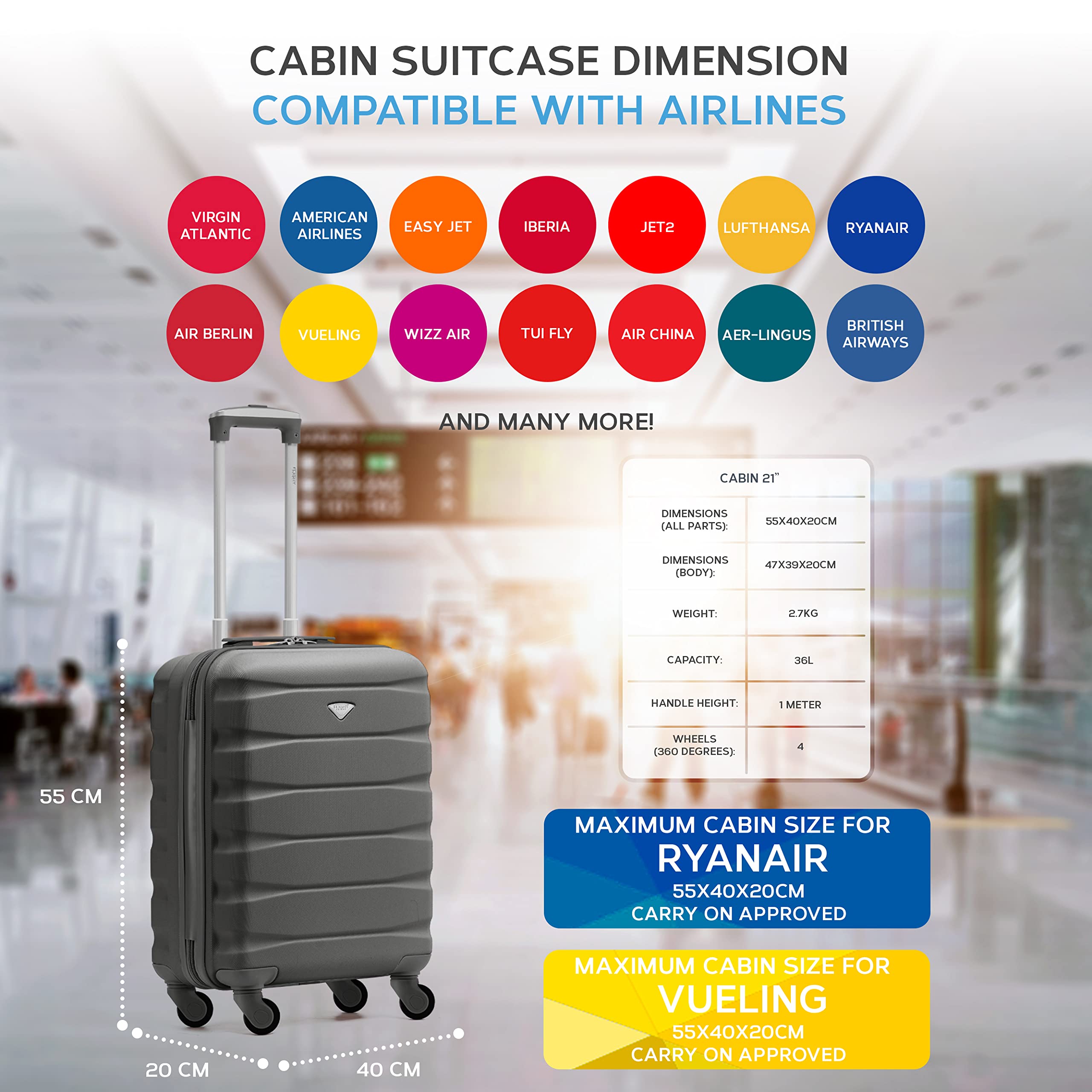 Flight Knight Cabin Suitcase 55x40x20 Ryanair Priority, EasyJet, Jet2 Lightweight Small Durable 4-Wheel Cabin Case, Carry-On for Over 60 Airlines, Hard Shell, 10kg Hand Luggage Bag (55 x 40 x 20 cm)