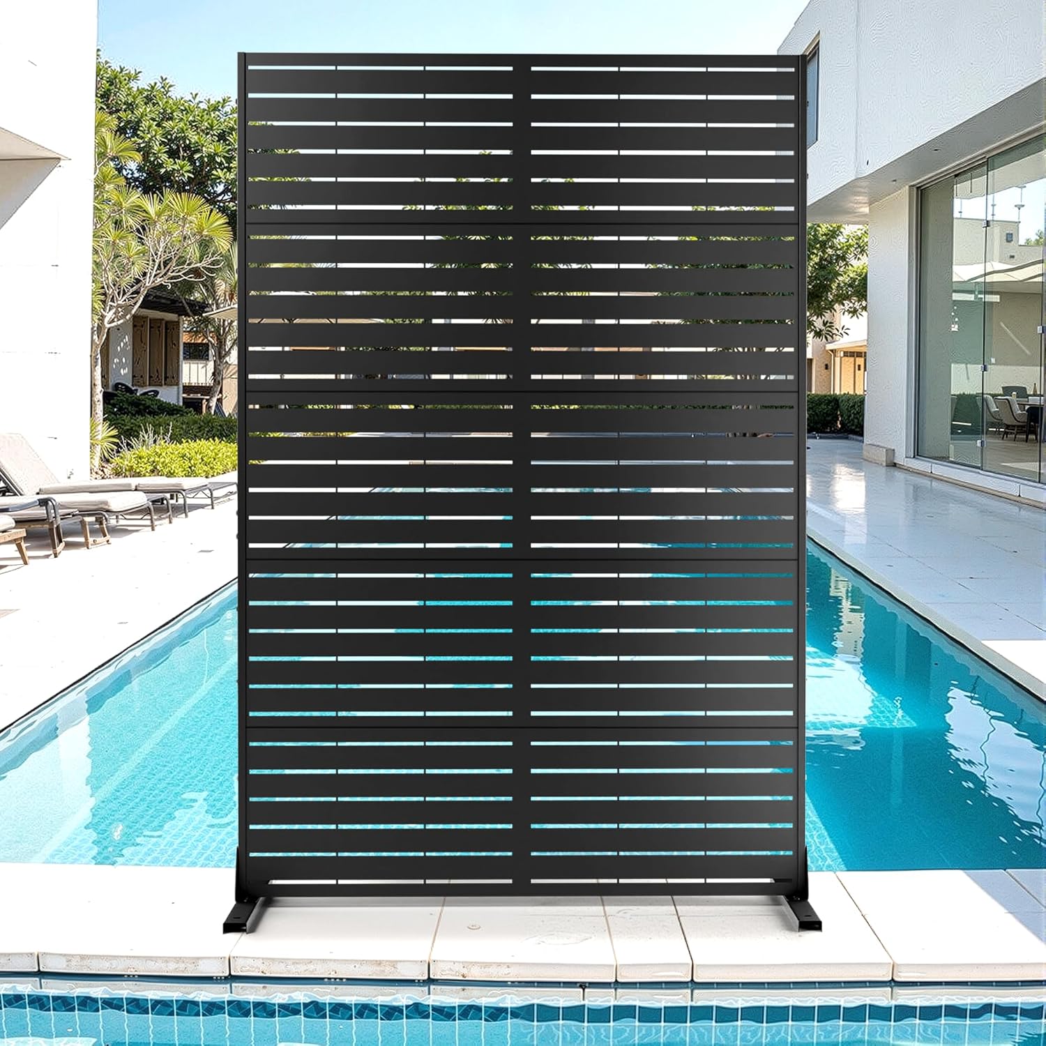 Metal Privacy Screen for Outdoor & Indoor Use, Free Standing Privacy Screen for Patio Garden Pool, 72" H x 44" W Decoative Privacy Panels, Weather Resistant, Easy Assembly (Black Louvered Floral)