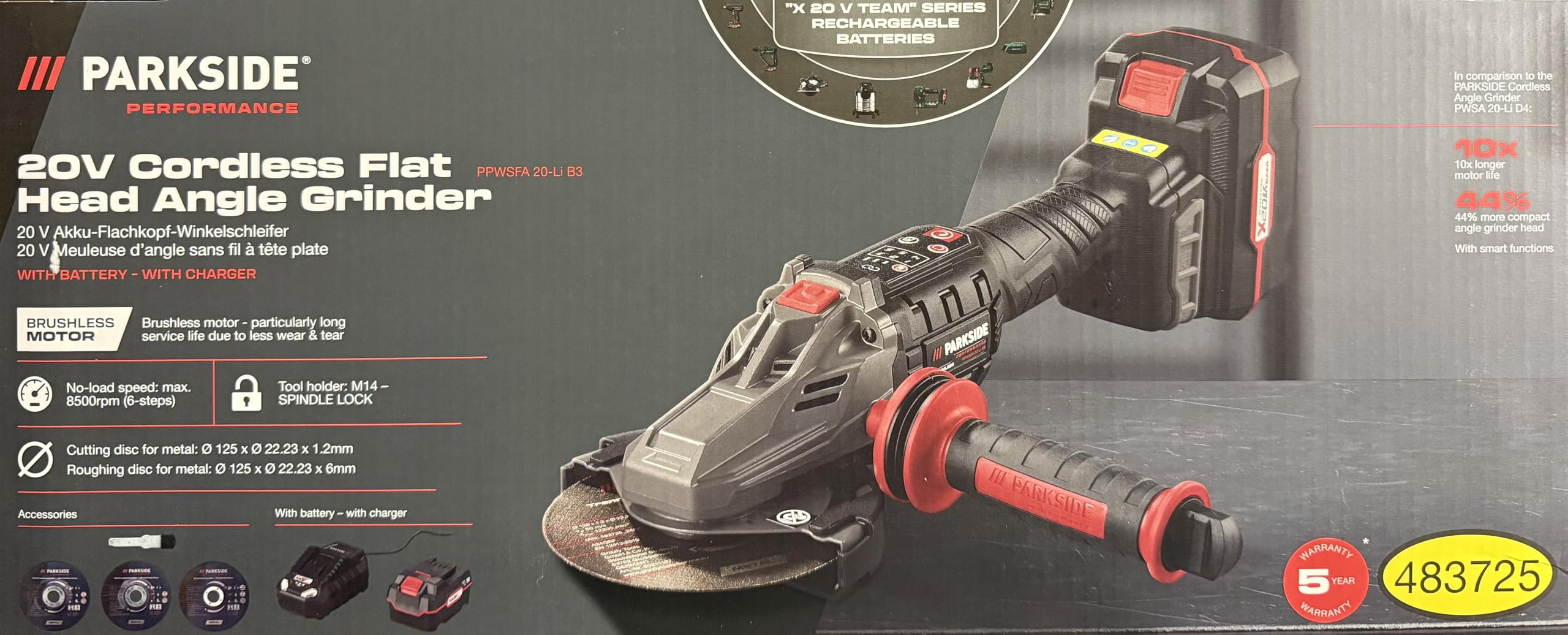 Parkside Performance PPWSFA 20-Li B3 Cordless Angle Grinder with battery and charger