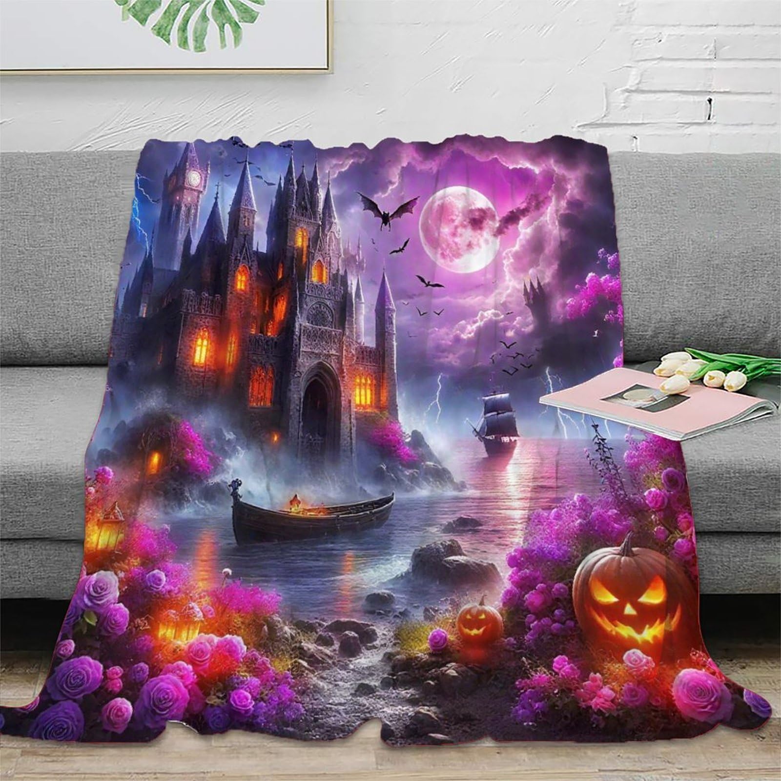 Couverture en peluche scène de nuit magique pour un canapé cosy