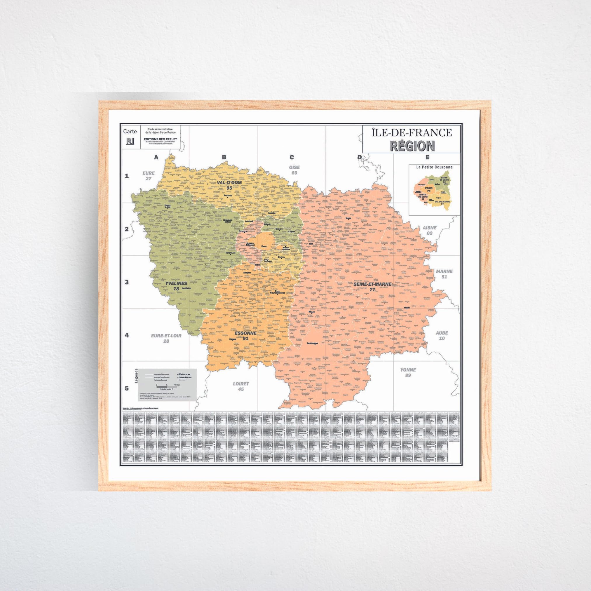 GEO REFLET Carte de France Murale - Carte Administrative - Région Île-de-France - Modèle Vintage - Poster Plastifié 120x120CM