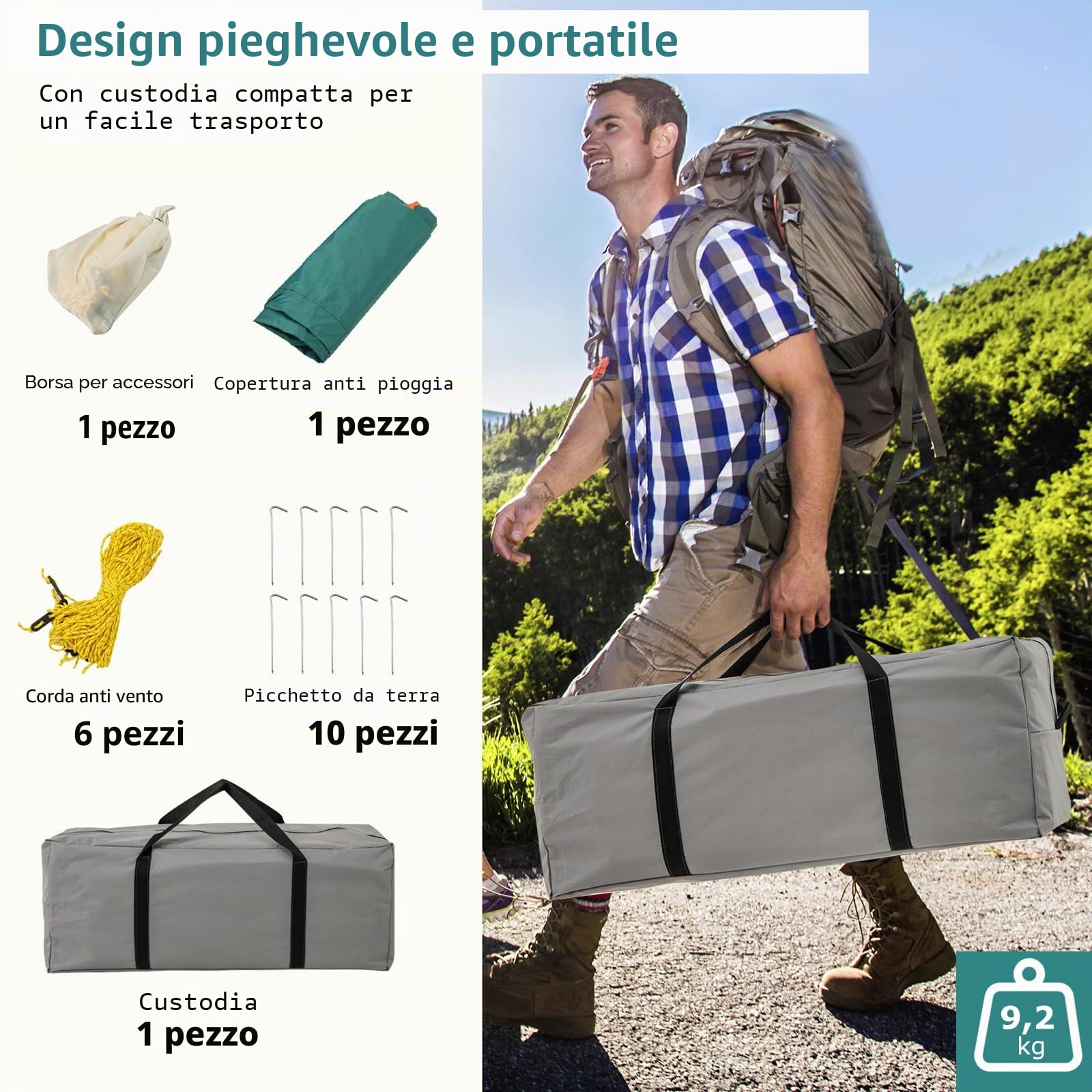 FANTASK Tenda grande con tenda e pavimento, tenda da campeggio per 4-6 persone, 2 stanze e 2 ingressi, tenda a tunnel con tetto rimovibile e borsa per il trasporto, verde