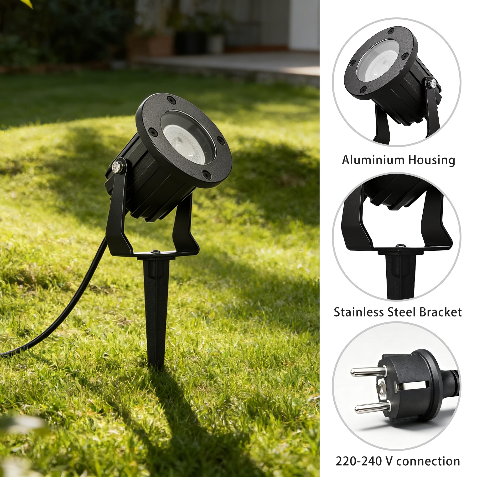 LED Gartenstrahler mit Erdspieß für Außen, IP65 wasserdichte Gartenbeleuchtung mit Strom, schwenkbar, inkl. 5W GU10 3000K Warmweiß, 2m Kabel mit Stecker, Schwarz, 4 Stück