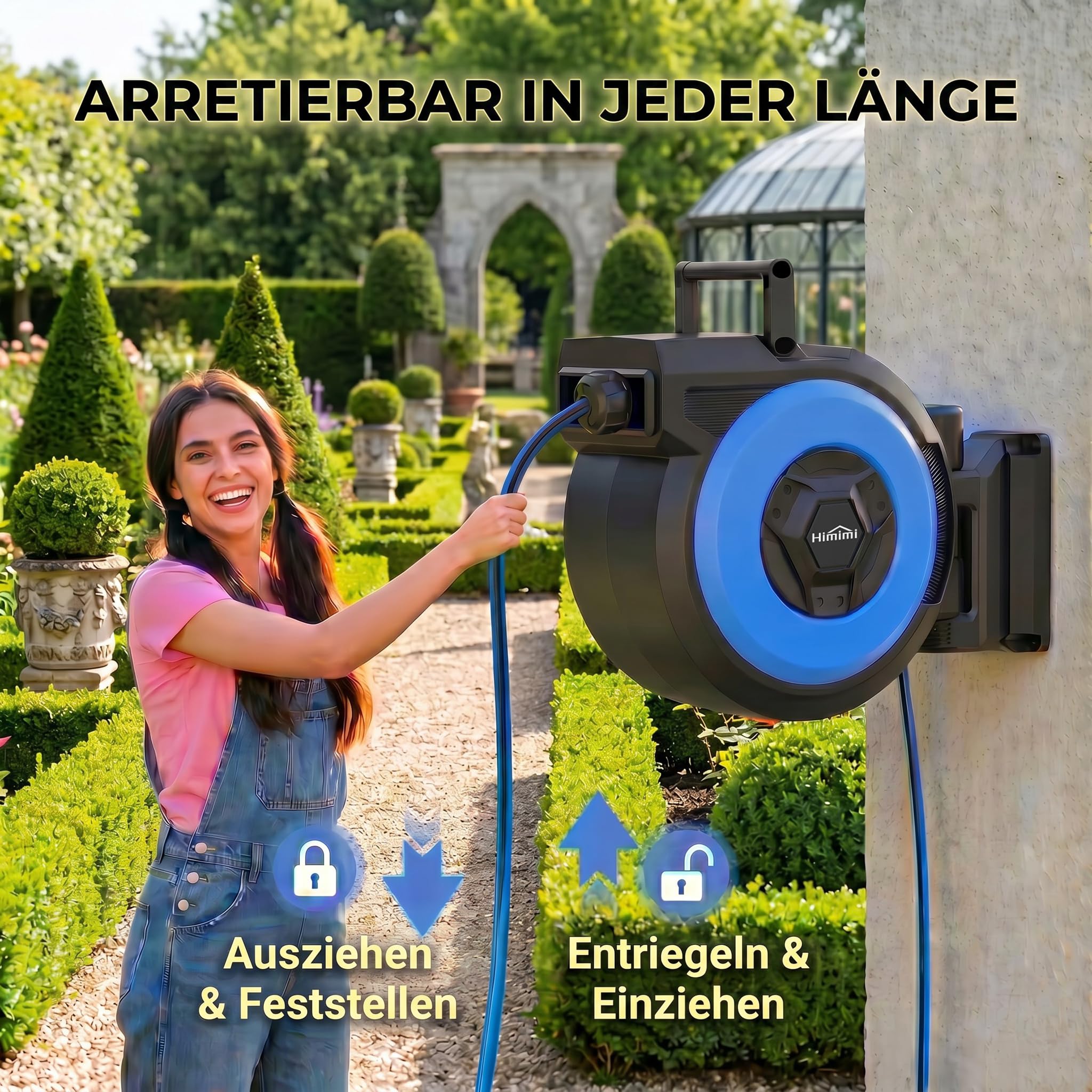 Himimi Schlauchtrommel 30m Wandmontage, Automatischer Gartenschlauch Aufroller mit 180° Schwenk & 10-Funktionen Spritzpistole, Schlauchbox für Wand, Auto-Rewind für Reinigung & Bewässerung