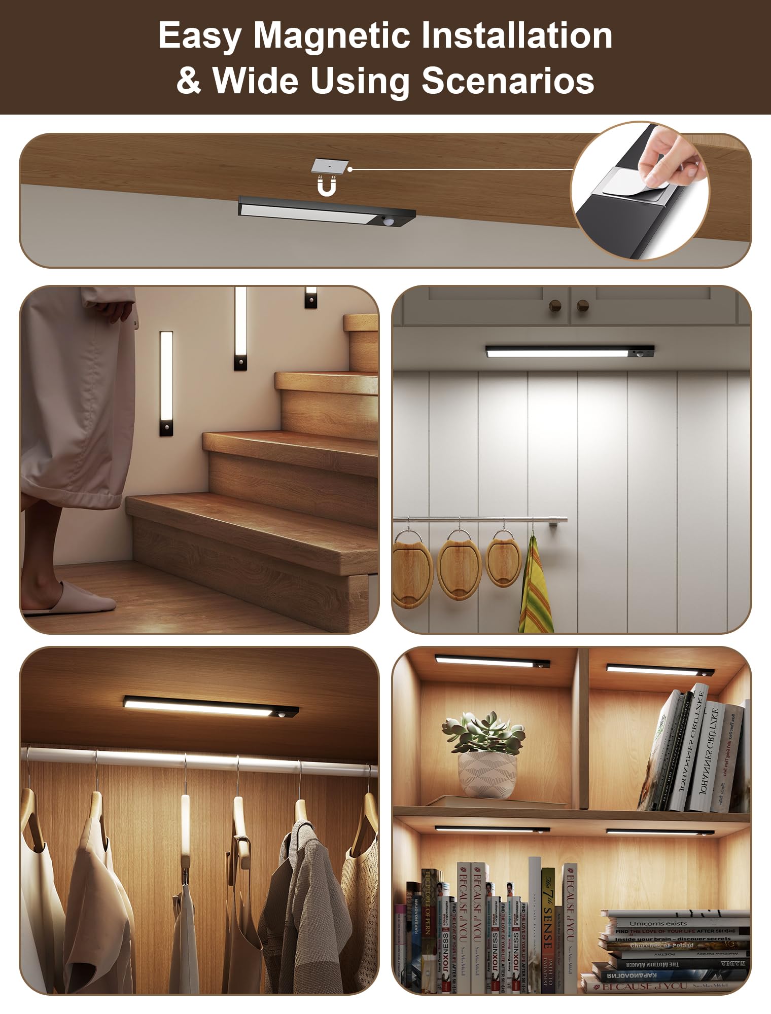 Iluminación debajo del gabinete, 70 luces LED con sensor de movimiento para interiores, paquete de 3 magnéticas regulables para armario,recargables que funcionan con pilas