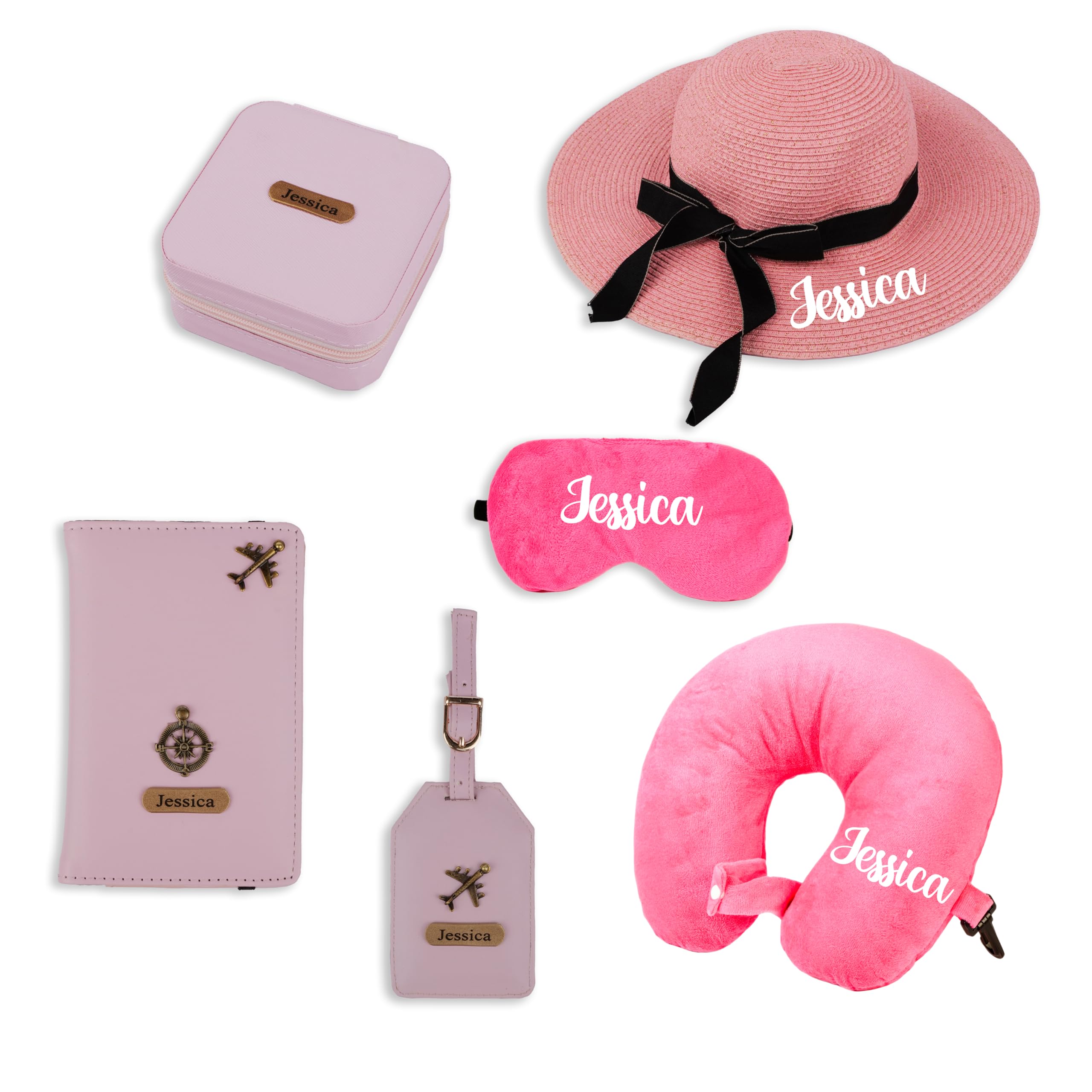 the bling global Personalised Travel Gift Set with Name Pink 6 in 1 Custom Travel Essentials Kit – Vacation Hat, Passport Cover, Bottle Luggage Tag, Eye Mask & Neck Pillow Birthday Gift for Her-picture-11