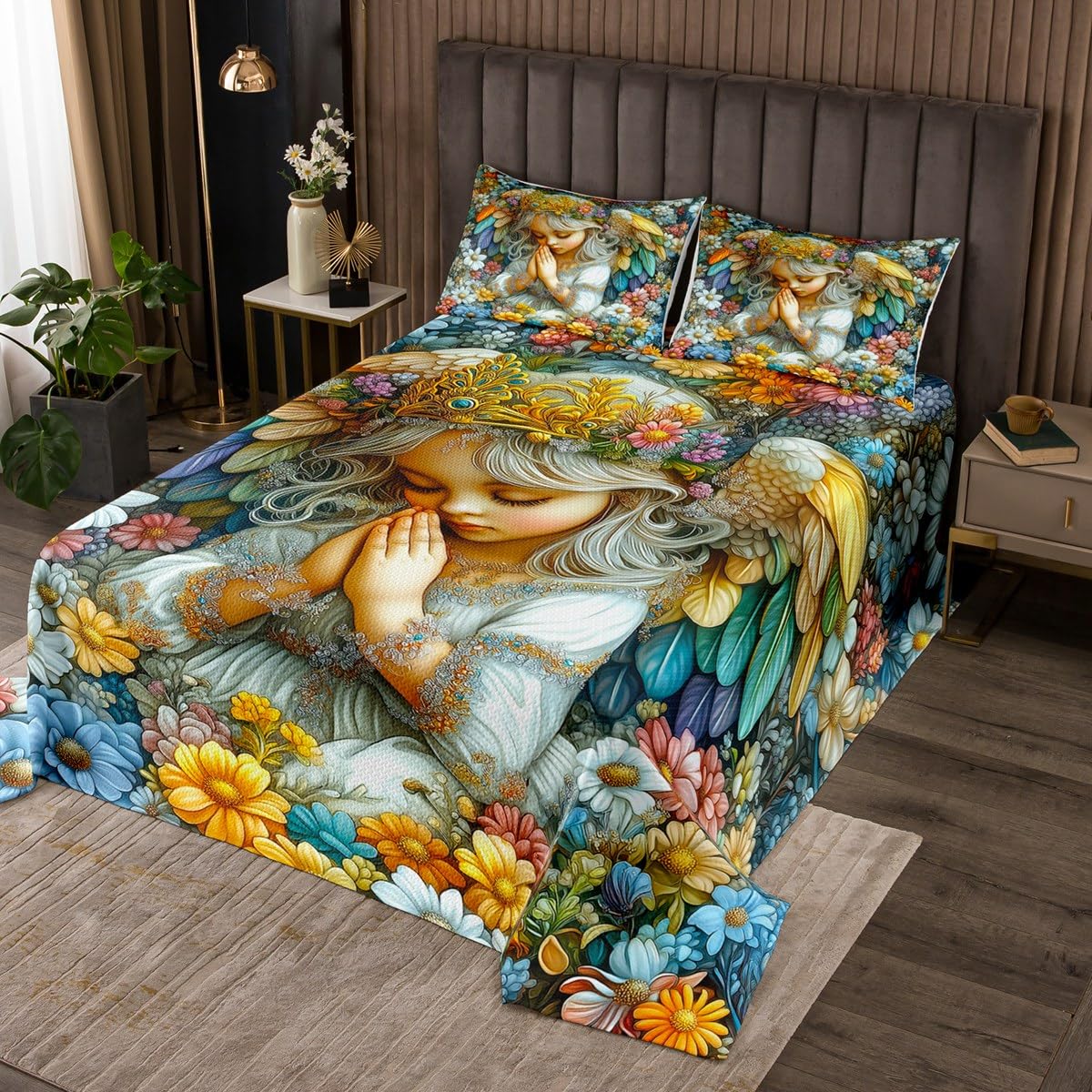 Erosebridal Fairy Angel Quilt Set 3 Piece Ancient Roman Angel Bedspread Set Queen Romantic Magic Floral Bedspread Sets White Girls Angel Coverlet Set Beautiful Angel Decor