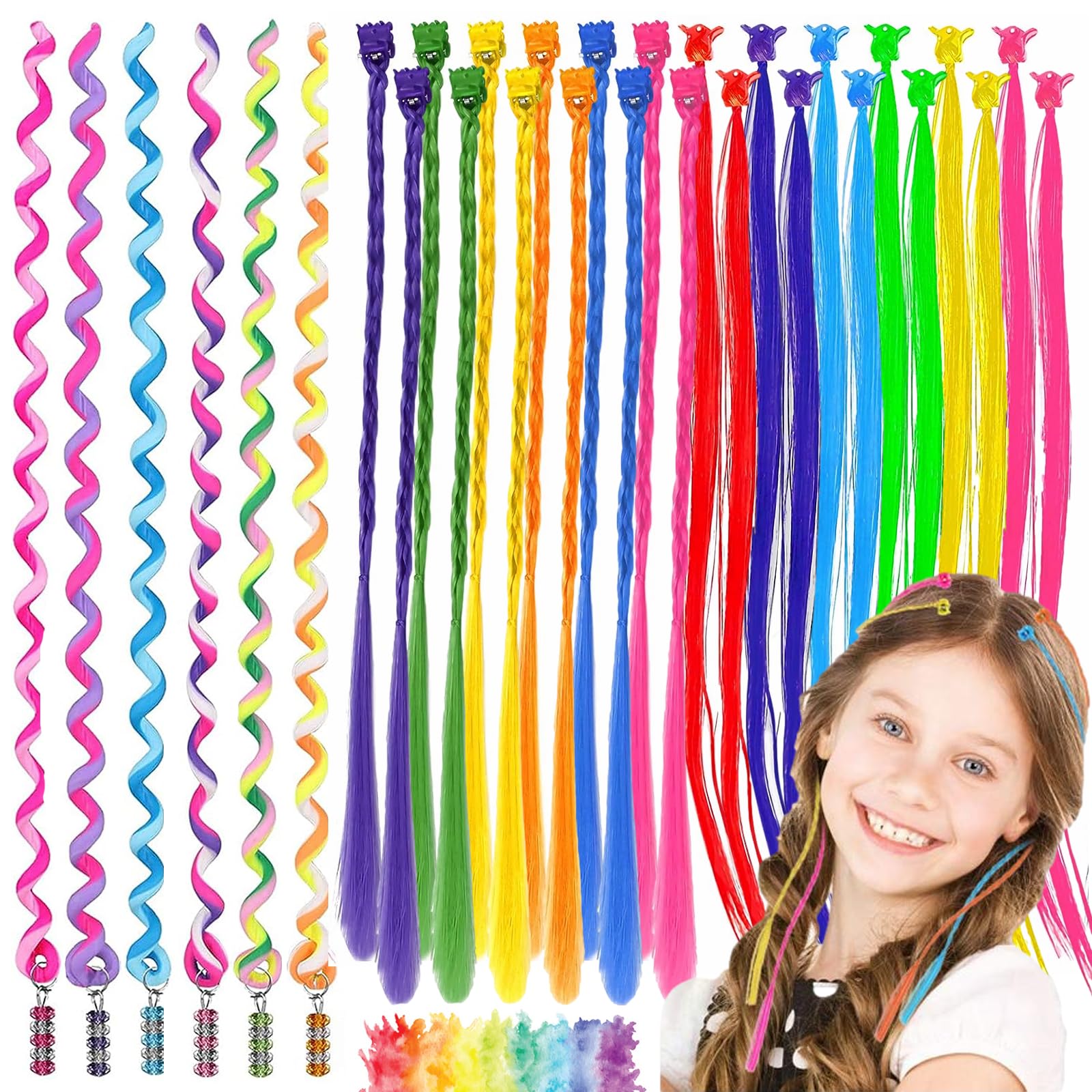 WTpin 30 Stuks Kids Hair Extensions met Hair Clips, Kleurrijke Hoogtepunten van Het Haar van Kinderen, Haarstrengen voor Kinderen, Gekleurde Haarextensions, Gunsten voor Feestdecoratie (12 Kleuren