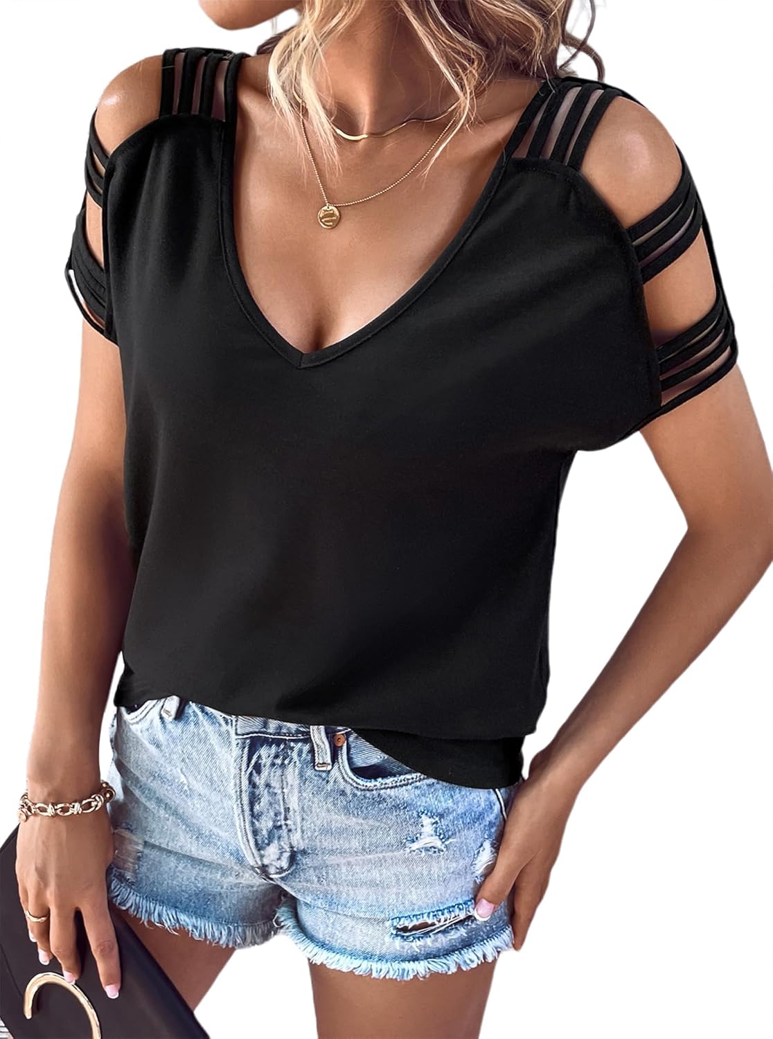 Remidoo Cold Shoulder Tops for Women V Neck Sexy Tops Short Sleeve Tie Dye Shirt Concert Outfits - Image 3