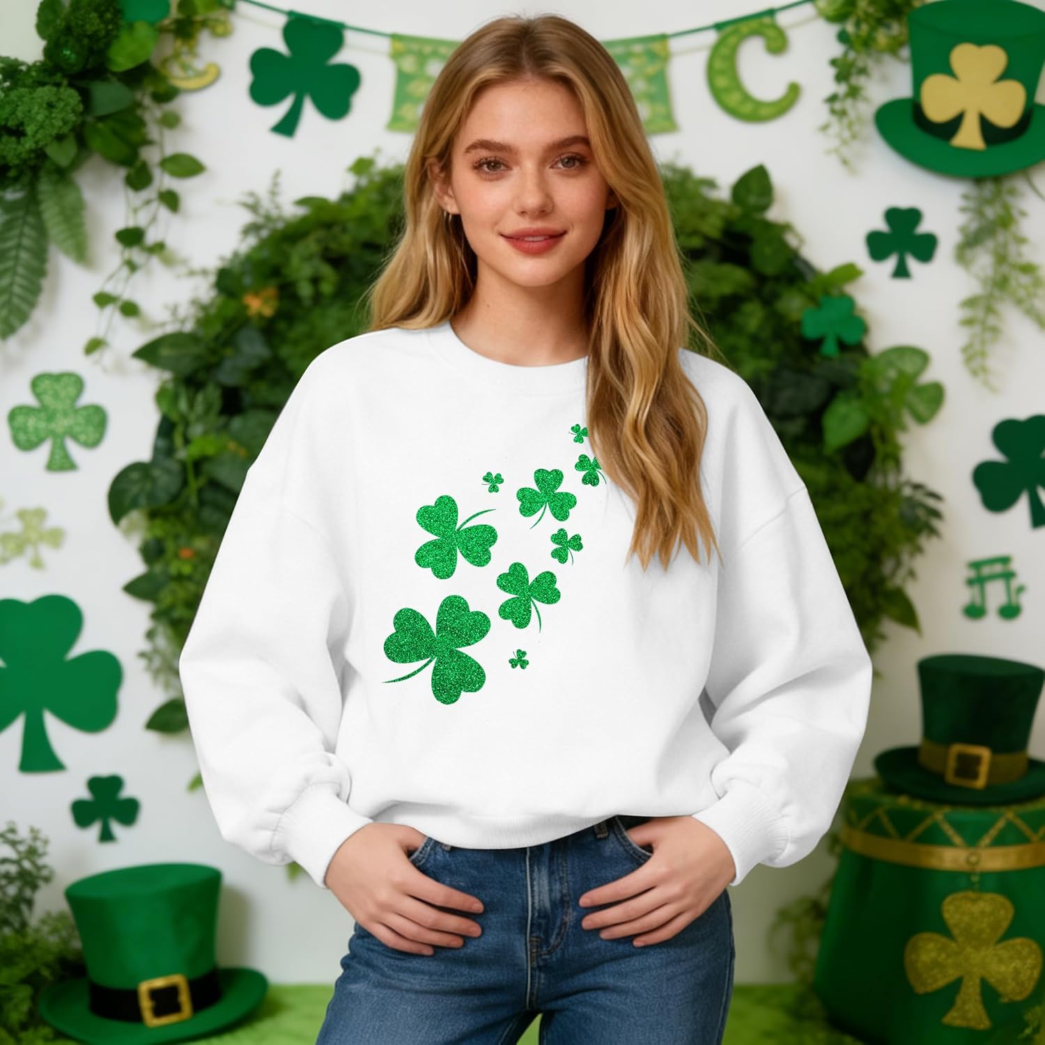 JINTING St Patricks Day Sweatshirt for Women Glitter Shamrock Irish Shirt Clover Print Long Sleeve Top - Image 6